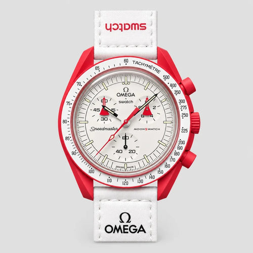 Mission to Mars, front view: red case with a white dial and a white strap.