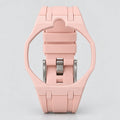 Silicone Otto Rosso strap, pale blush pink, front view with empty watch holder; crown-at-12 version pictured (top cutout)