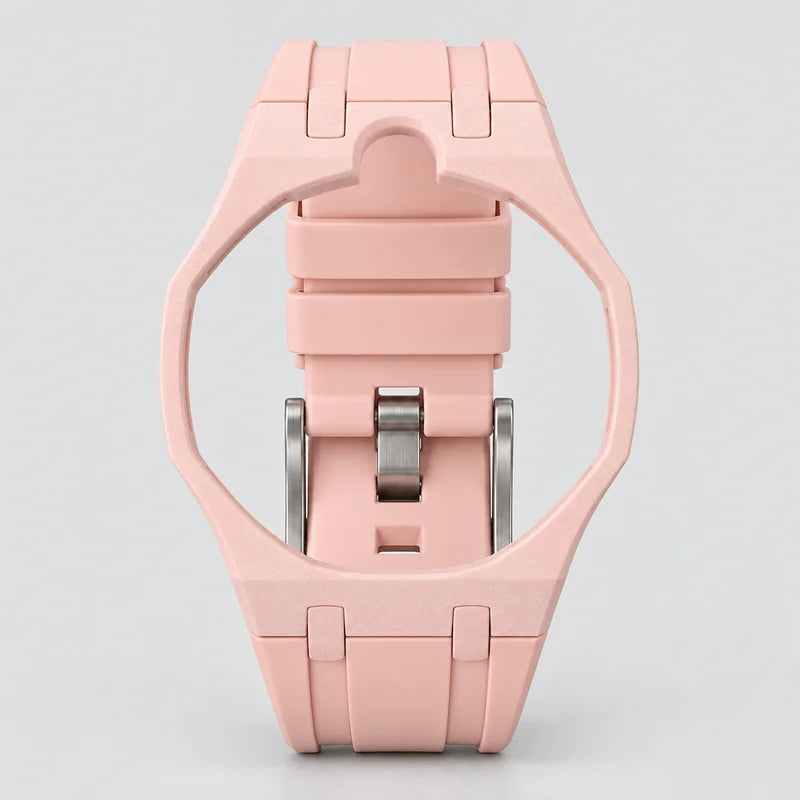 Silicone Otto Rosso strap, pale blush pink, front view with empty watch holder; crown-at-12 version pictured (top cutout)