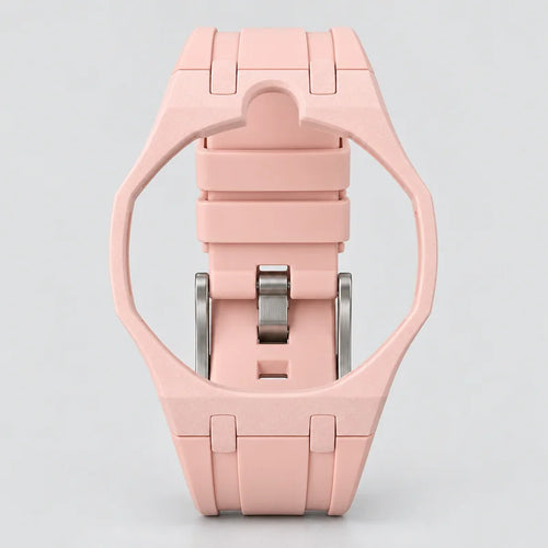 Silicone Otto Rosso strap, pale blush pink, front view with empty watch holder; crown-at-12 version pictured (top cutout)
